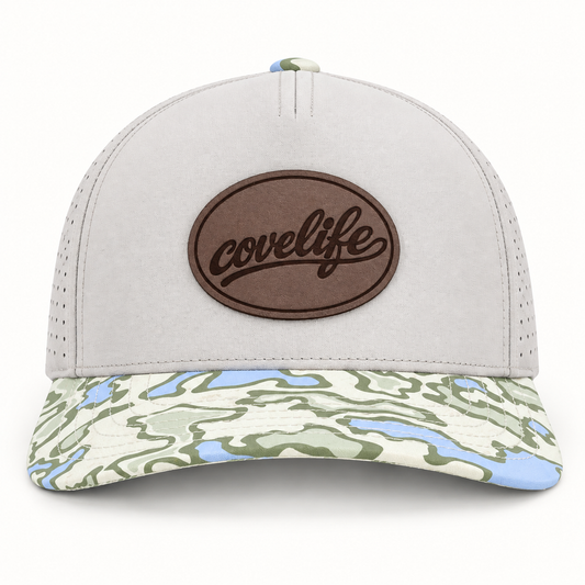 COVELiFE DRiFTFiT Lake Camo Performance Cap Midnitght - front view with leather patch