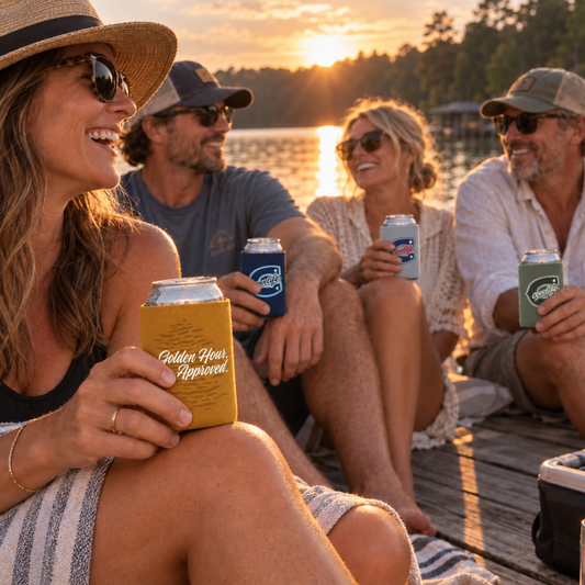 Four people sitting together on a wooden dock at sunset, each holding a beverage with COVELiFE ViBE Koozies. The scene is outdoors by the water, with warm golden hour light and trees in the background.