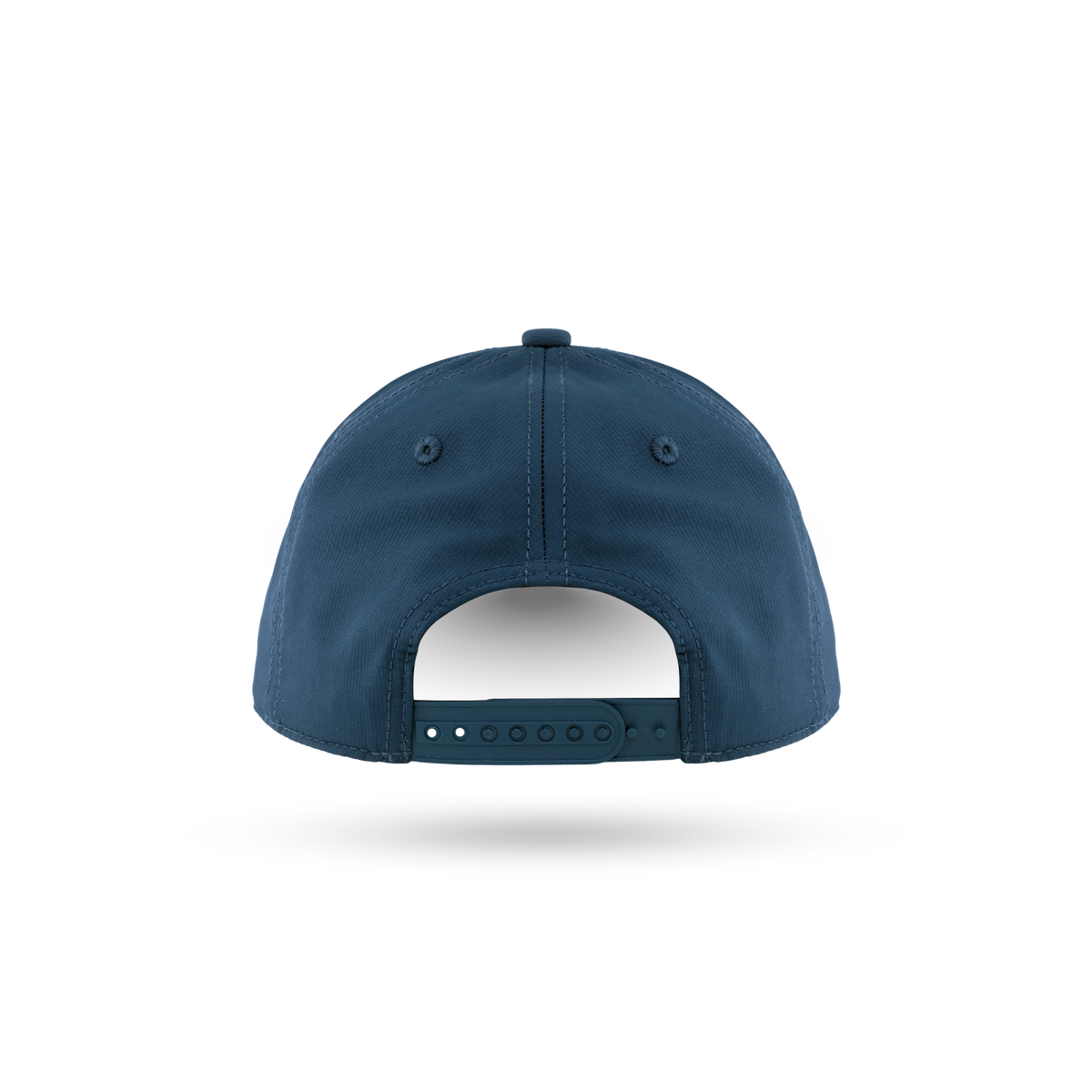 The back view of a navy blue baseball cap with a snapback closure, shown on a clean white background with a soft shadow underneath.