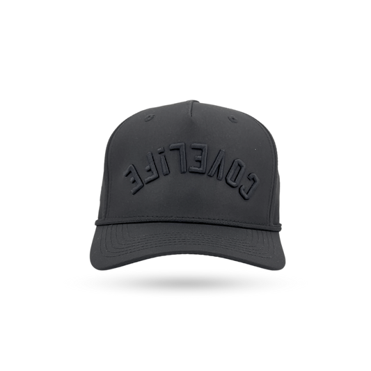 A black structured baseball cap with the word 'COVERLIFE' embossed in a matching black arched font on the front, shown against a plain white background.