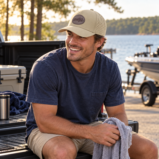 A smiling man sitting in the bed of a pickup truck by a lake at sunset, wearing a beige trucker hat with covelife leather patch, a navy blue t-shirt, and khaki shorts, holding a gray towel.