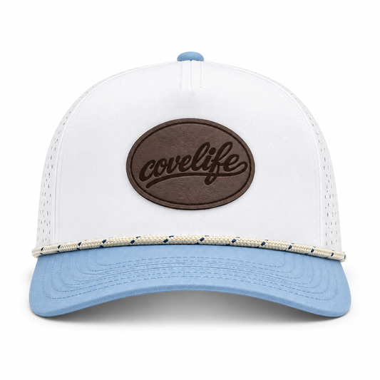 DRiFTFiT Perforated Performance Cap in White and Sky Blue with Midnight Leather Patch Front view.