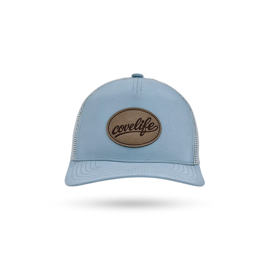 COVELiFE DRiFTFiT Mesh Trucker Sky Blue - front view with Midnight leather patch