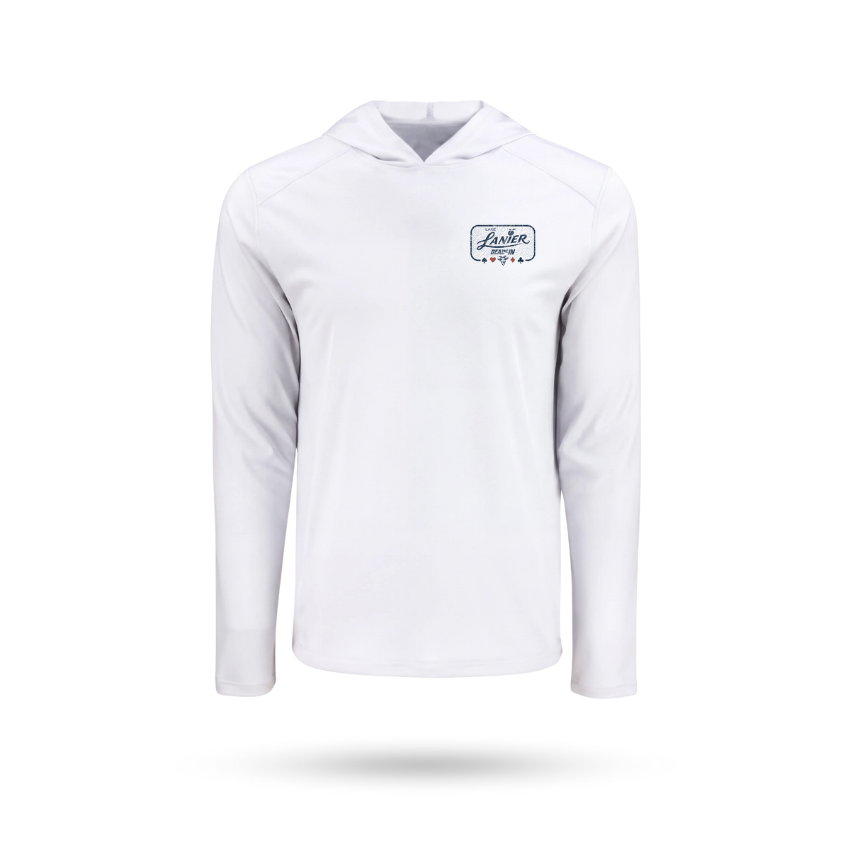 White long-sleeve hooded SolarTech performance shirt with a left chest Lanier "DEAL ME IN" logo on the left chest, displayed on a clean white background with a soft drop shadow.