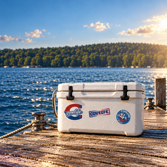 A white cooler with multiple COVELiFE brand stickers sits on a wooden dock with a lake and forest in the background.