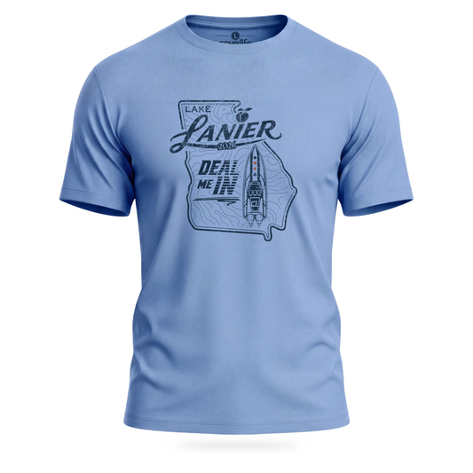 A columbia blue crewneck solartech UPF 50+ t-shirt with a dark blue graphic on the chest featuring the outline of the state of Georgia, the words 'LAKE LANIER', and 'DEAL ME IN'.