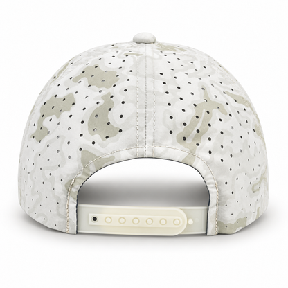 The back view of a baseball cap featuring a light beige and white camouflage pattern with perforated holes, a white snapback closure, and a white button on top.