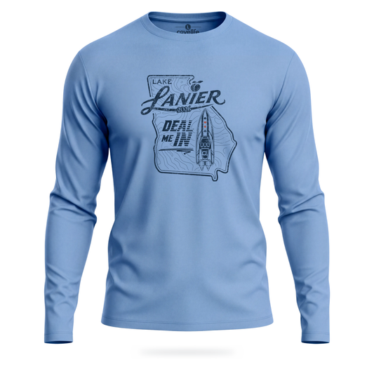 Columbia Blue UPF 50+ SUN PROTECTION LS Tee with Lanier "DEAL ME IN" Graphic on front