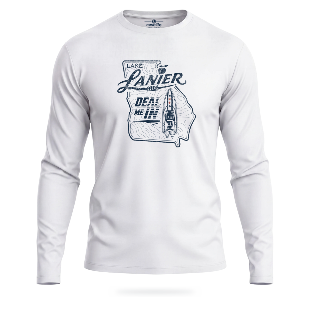 White COVELiFE DEAL ME IN UPF 50+ long-sleeve sun shirt, front view.