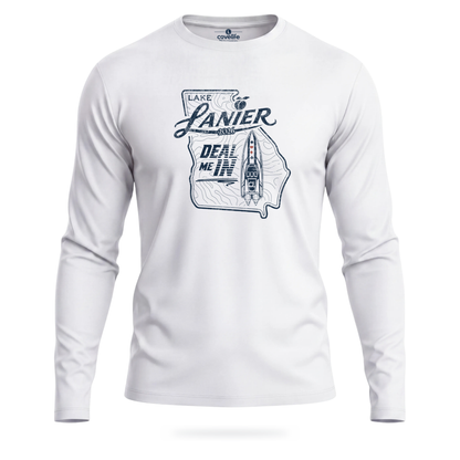 White COVELiFE DEAL ME IN UPF 50+ long-sleeve sun shirt, front view.