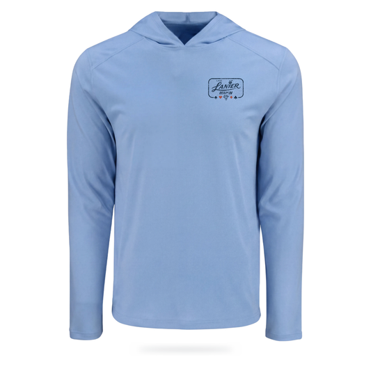 Columbia Blue long-sleeve hooded SolarTech performance shirt with a left chest Lanier "DEAL ME IN" logo on the left chest, displayed on a clean white background with a soft drop shadow