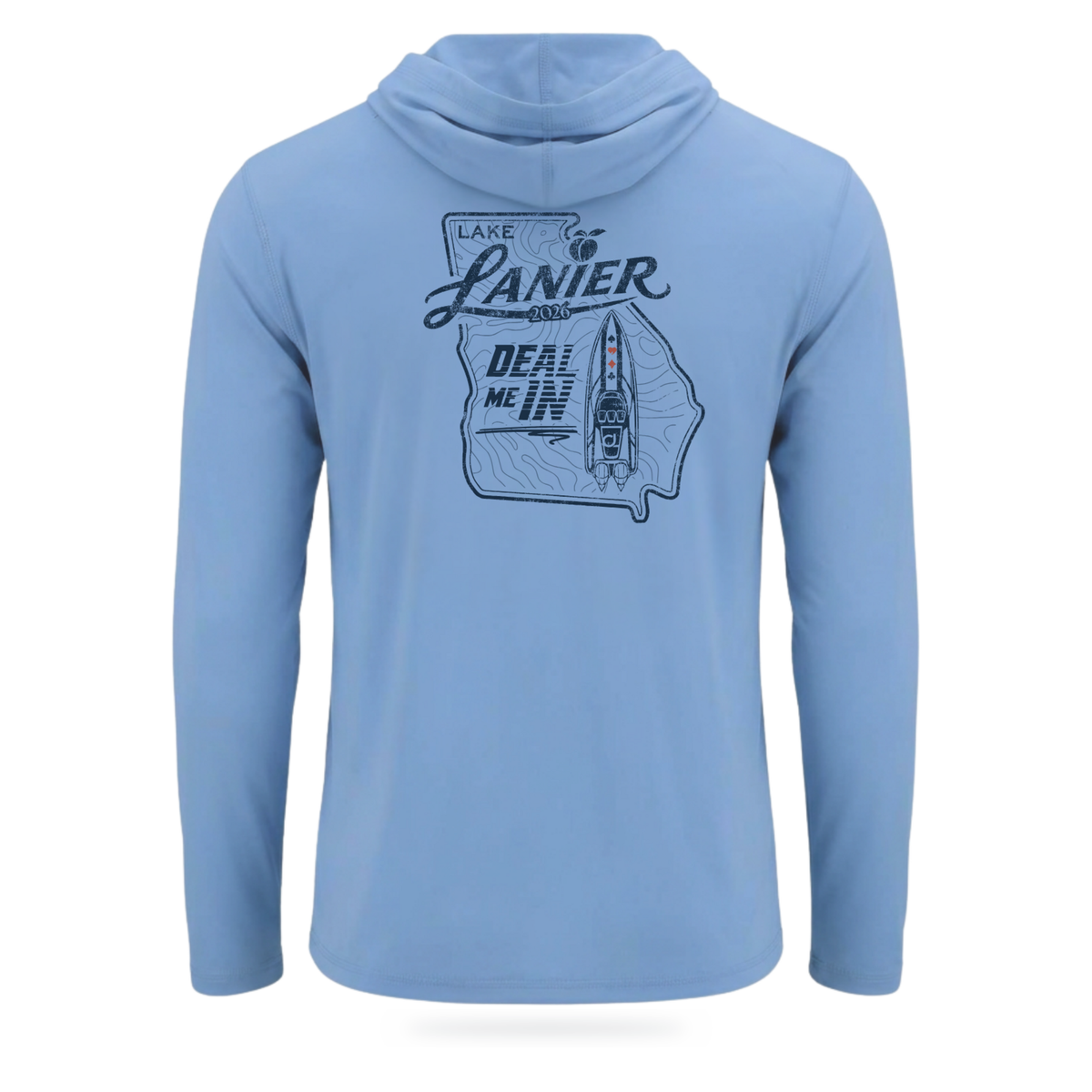Columbia Blue COVELiFE DEAL ME IN UPF 50+ SolarTech Hoodie with Lake Lanier event artwork, back view.