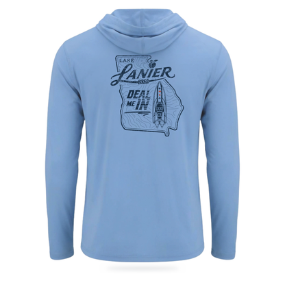 Columbia Blue COVELiFE DEAL ME IN UPF 50+ SolarTech Hoodie with Lake Lanier event artwork, back view.