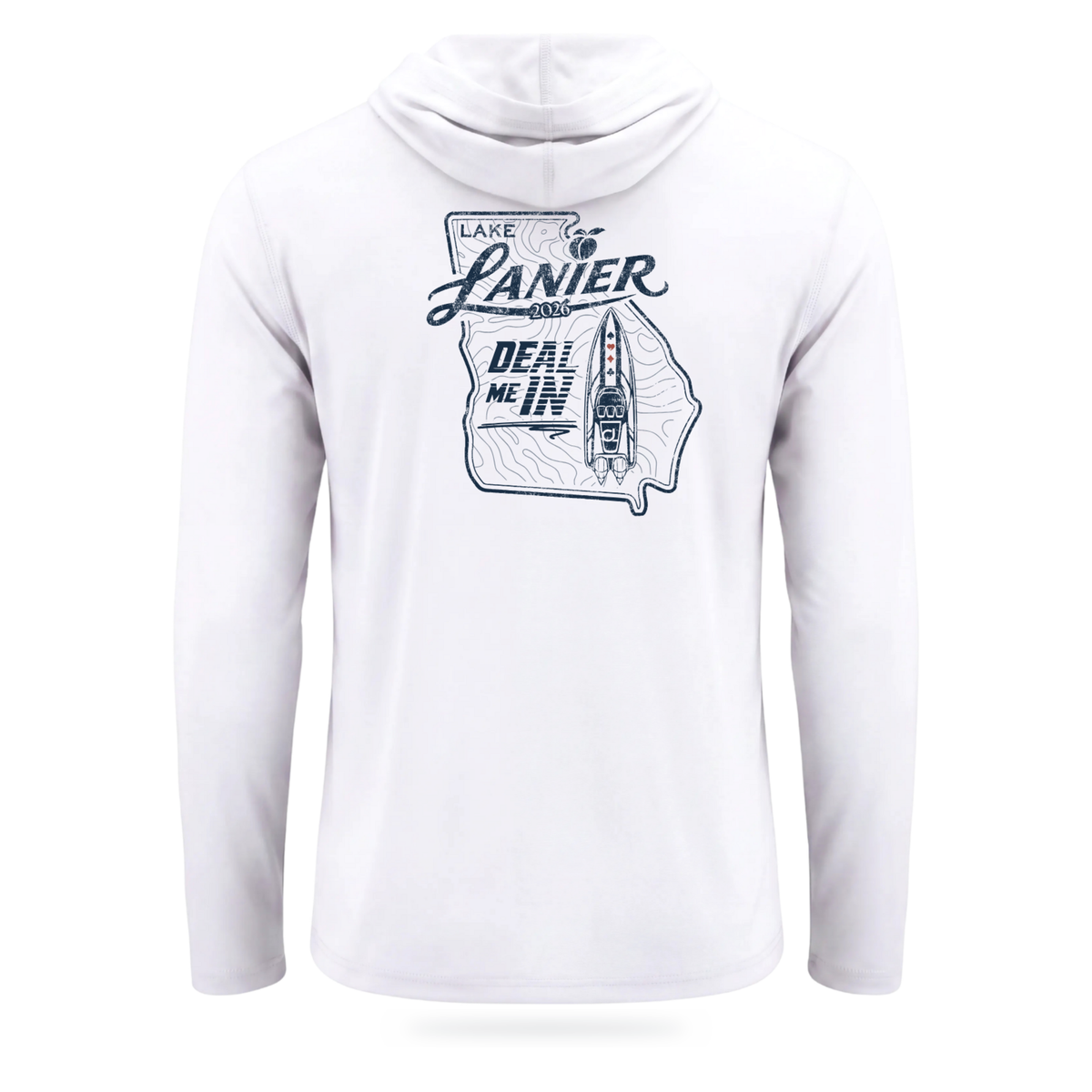 White COVELiFE DEAL ME IN UPF 50+ SolarTech Hoodie with Lake Lanier event artwork, back view.