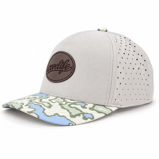 COVELiFE DRiFTFiT Lake Camo Performance Cap Midnitght - 3/4 angle  with leather patch