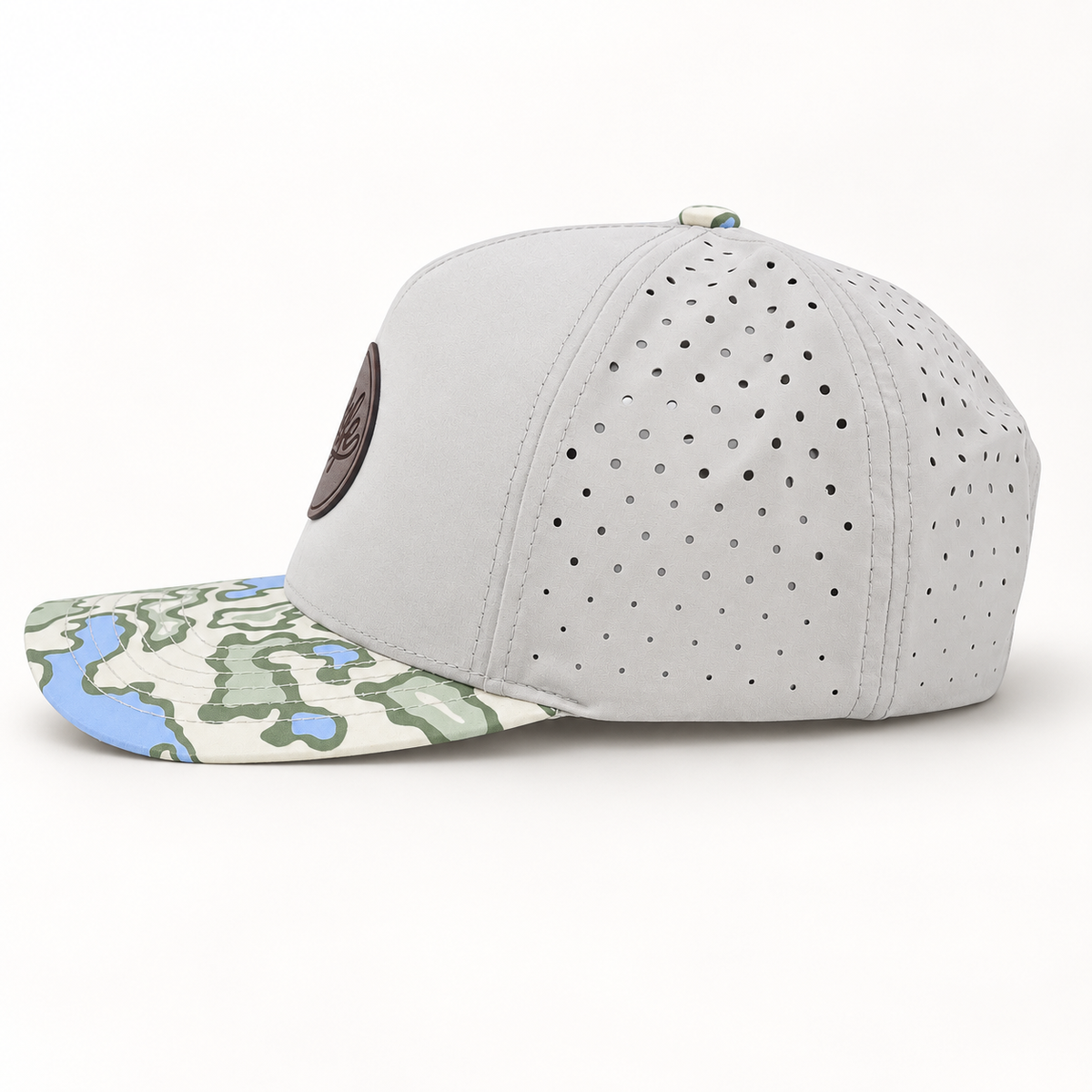 COVELiFE DRiFTFiT Lake Camo Performance Cap Midnitght - side view with leather patch
