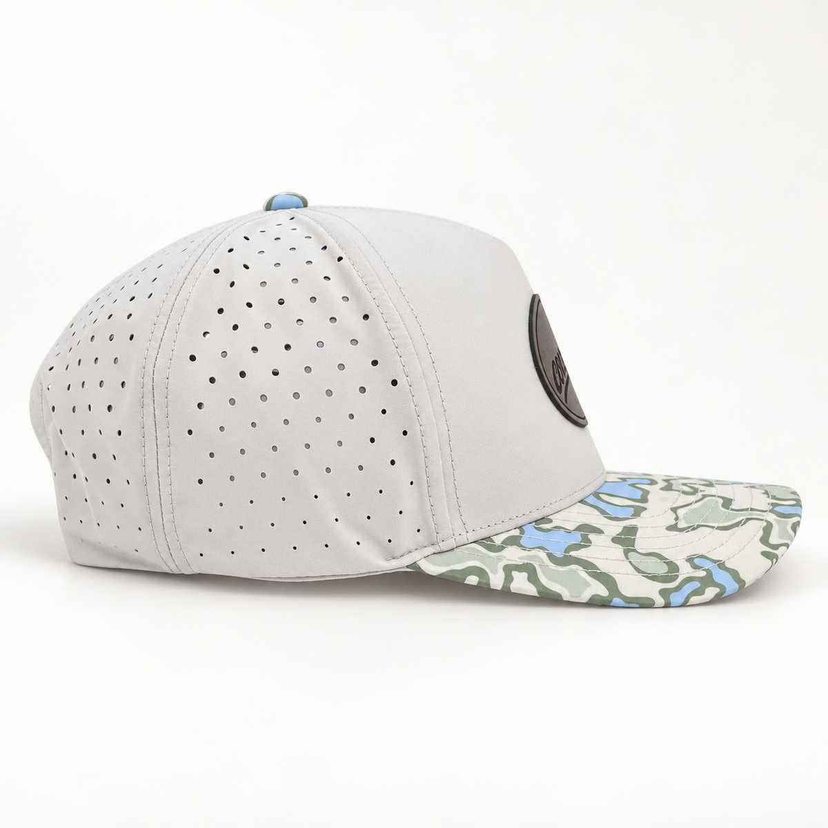 COVELiFE DRiFTFiT Lake Camo Performance Cap Midnitght - front view with leather patch