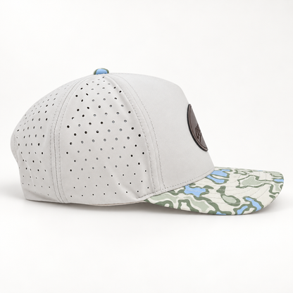 COVELiFE DRiFTFiT Lake Camo Performance Cap Midnitght - front view with leather patch