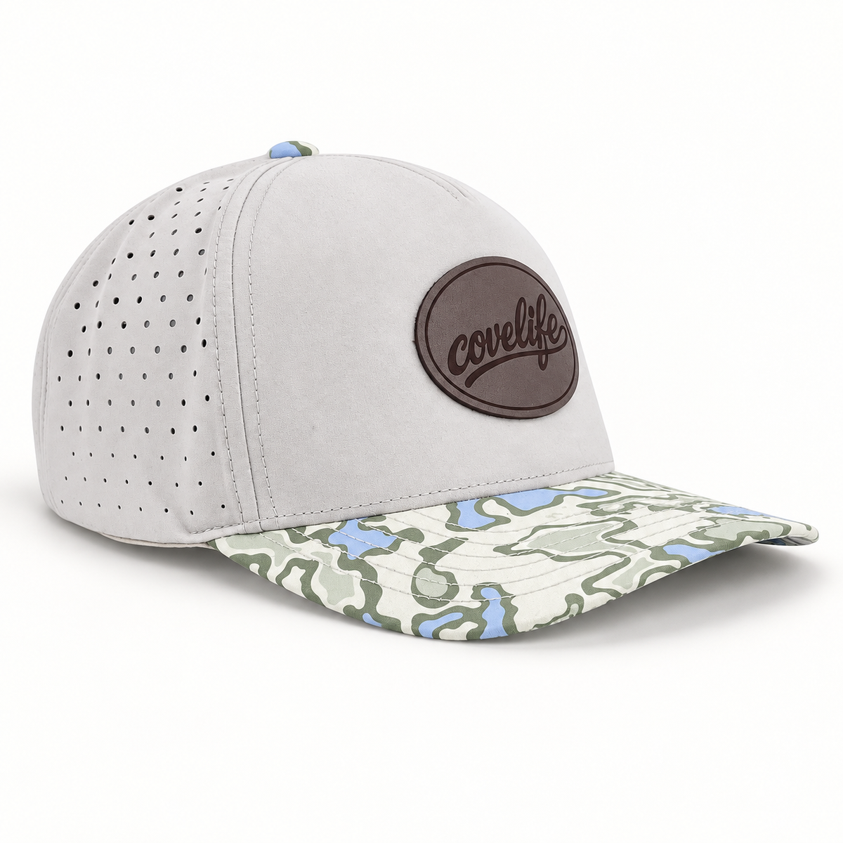 COVELiFE DRiFTFiT Lake Camo Performance Cap Midnitght - 3/4 view with leather patch