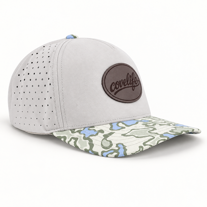 COVELiFE DRiFTFiT Lake Camo Performance Cap Midnitght - 3/4 view with leather patch