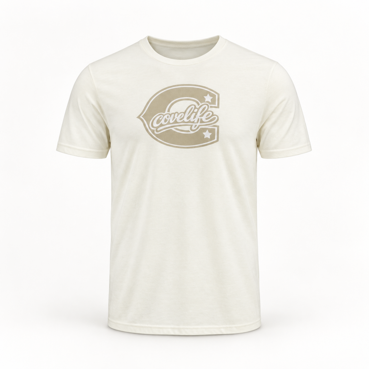An off-white crewneck t-shirt featuring a large tan and white 'Coelife' logo printed on the chest, displayed against a clean white background.