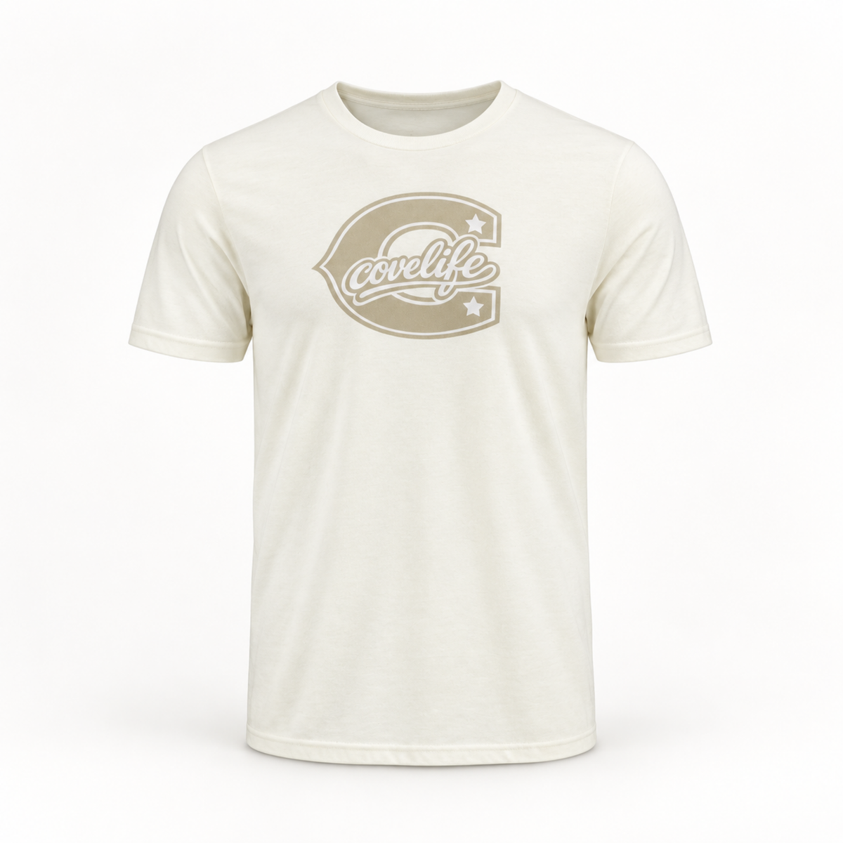 An off-white crewneck t-shirt featuring a large tan and white 'Coelife' logo printed on the chest, displayed against a clean white background.
