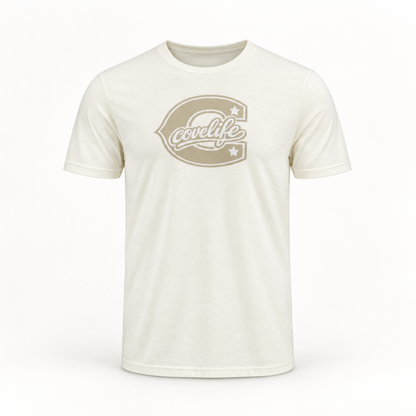 An off-white crewneck t-shirt featuring a large tan and white 'Coelife' logo printed on the chest, displayed against a clean white background.