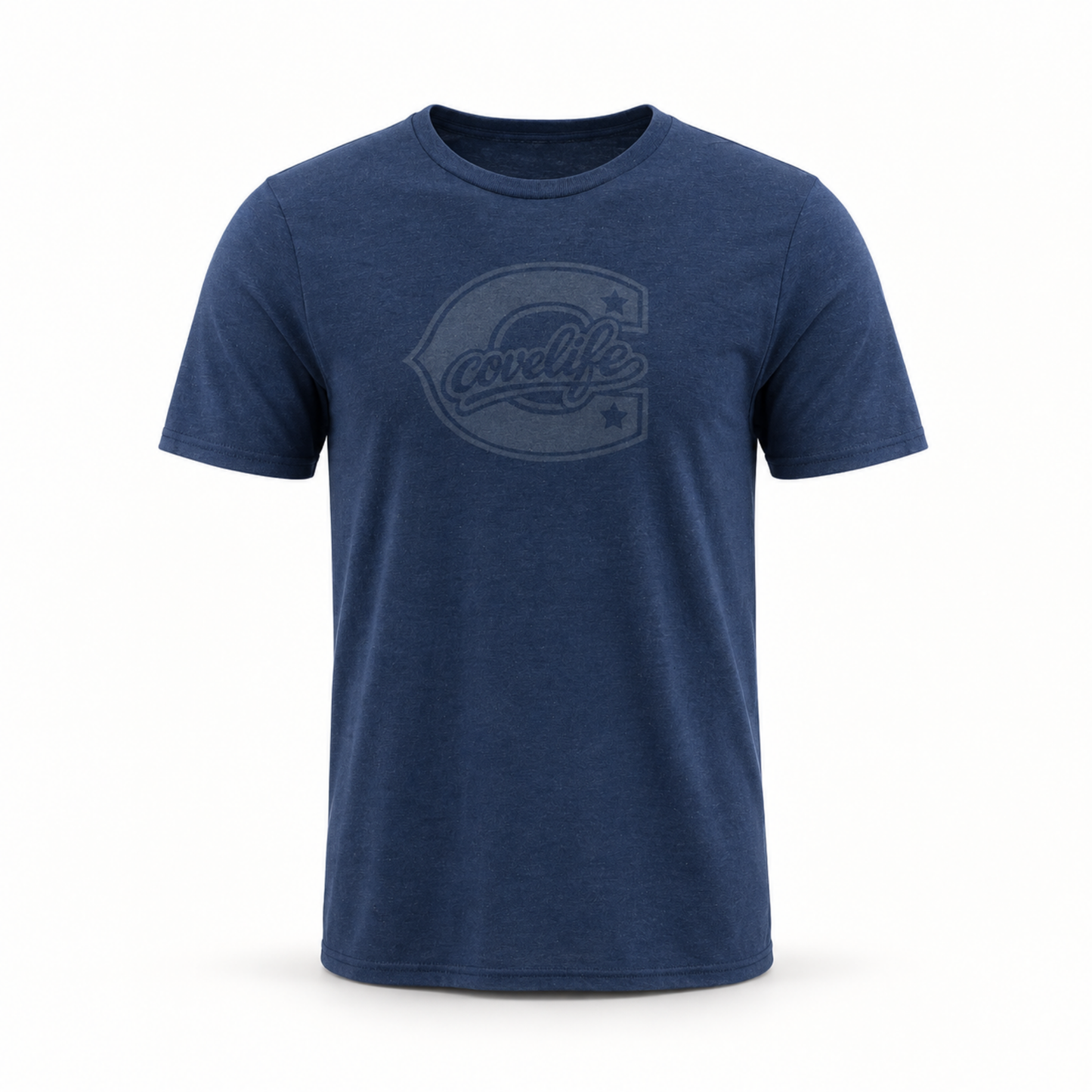 A heathered navy blue short-sleeve t-shirt with a faded dark blue graphic on the chest featuring a stylized letter 'C' and the word 'Cruelife'.