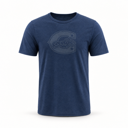 A heathered navy blue short-sleeve t-shirt with a faded dark blue graphic on the chest featuring a stylized letter 'C' and the word 'Cruelife'.