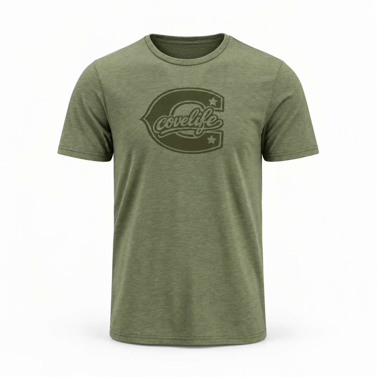 An olive green heathered short-sleeve t-shirt with a dark olive green graphic on the chest featuring the word 'covlife' inside a stylized letter 'C' with stars.