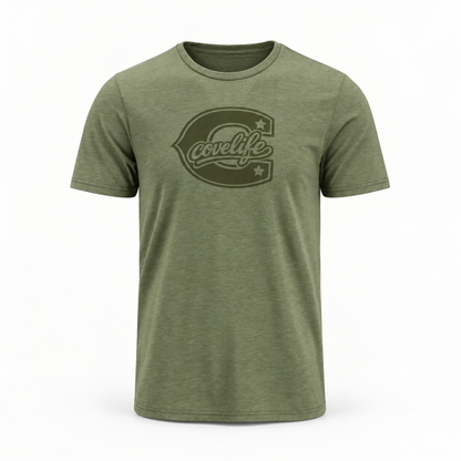 An olive green heathered short-sleeve t-shirt with a dark olive green graphic on the chest featuring the word 'covlife' inside a stylized letter 'C' with stars.