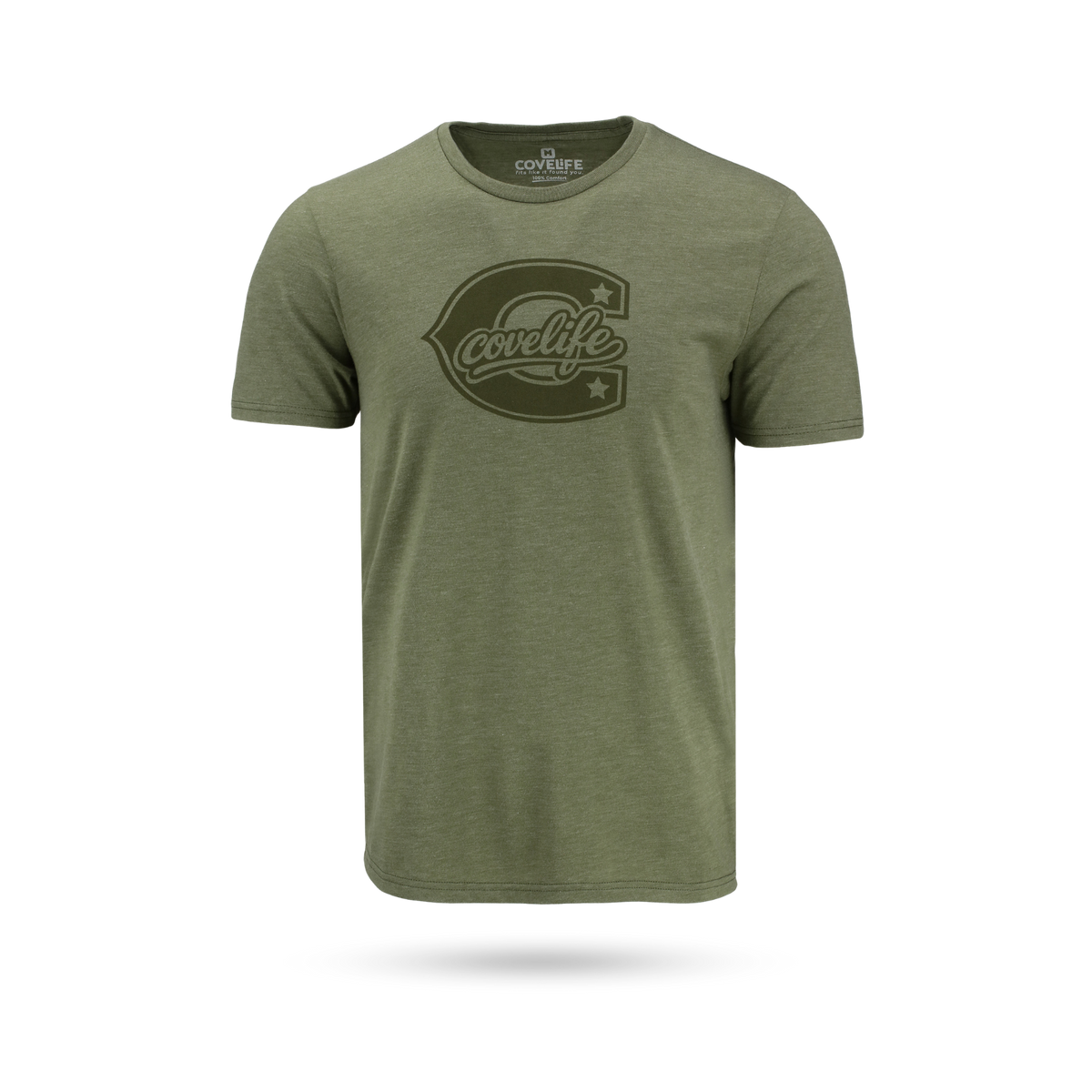 An olive green crewneck t-shirt with a dark olive green graphic logo on the chest reading 'CoreLife' inside a star-shaped outline, shown on a clean white background with a soft shadow.