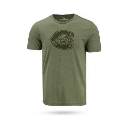 An olive green crewneck t-shirt with a dark olive green graphic logo on the chest reading 'CoreLife' inside a star-shaped outline, shown on a clean white background with a soft shadow.