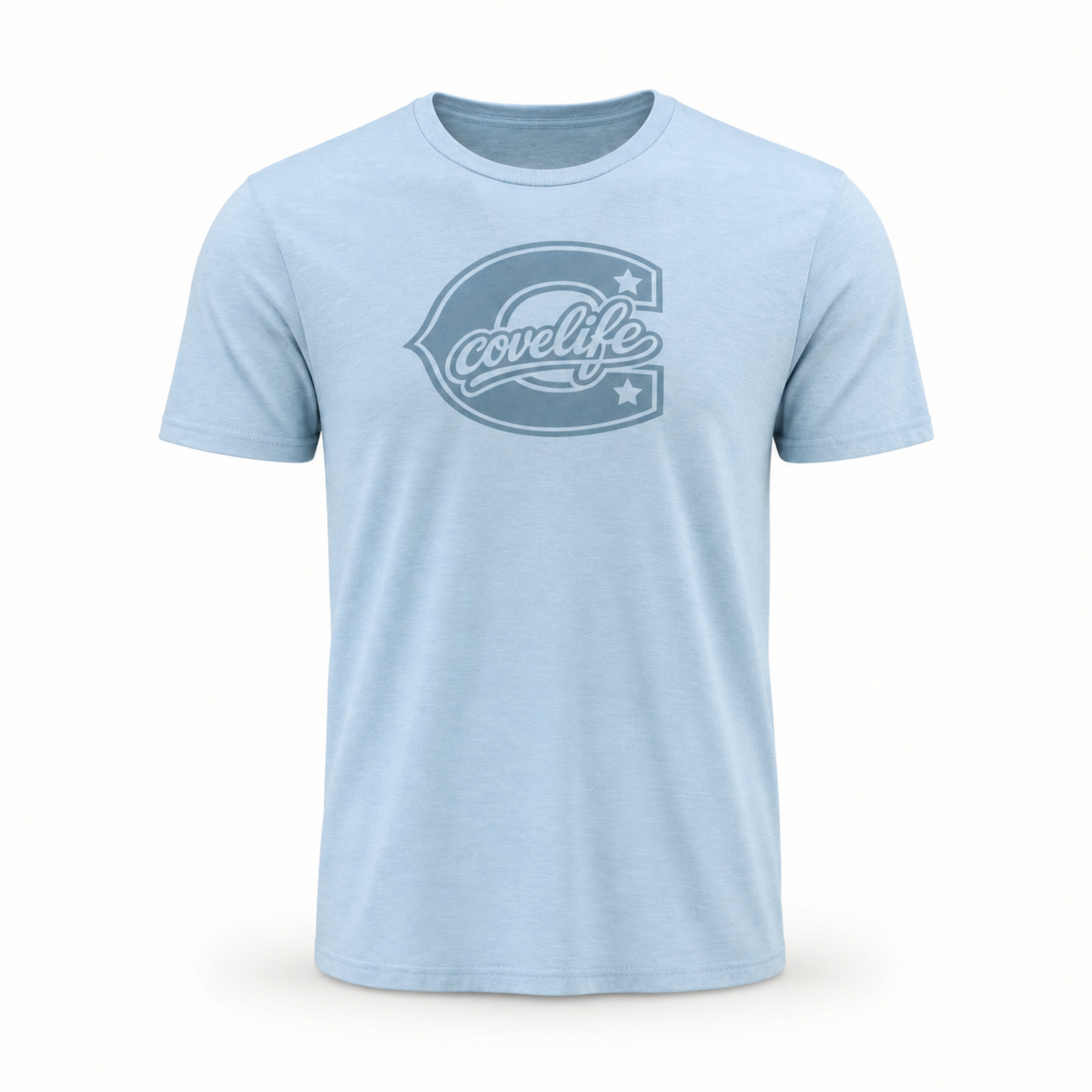 A light blue heather crewneck t-shirt featuring a dark blue graphic on the chest with the word 'covlife' inside a stylized letter 'C' outlined with stars.