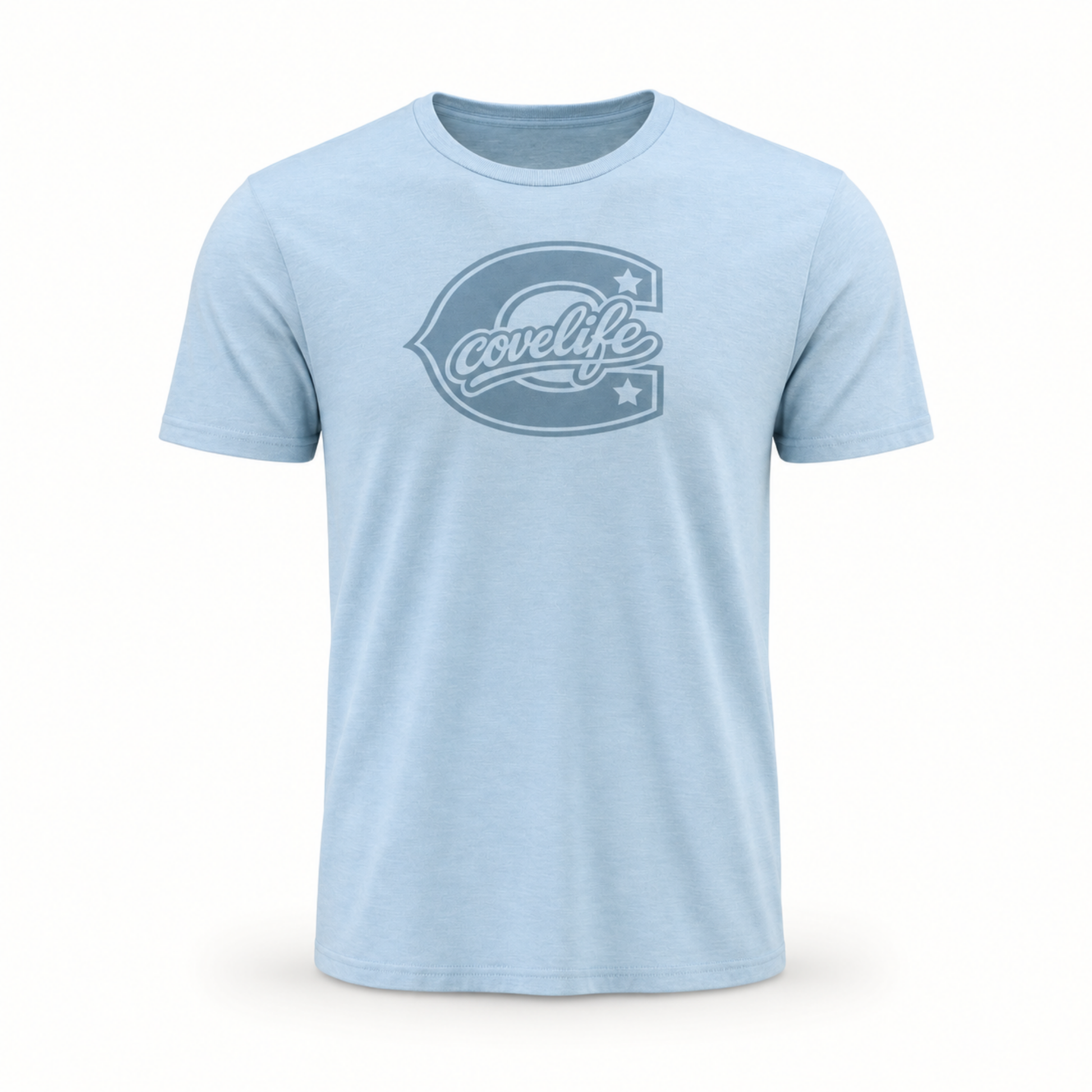 A light blue heather crewneck t-shirt featuring a dark blue graphic on the chest with the word 'covlife' inside a stylized letter 'C' outlined with stars.