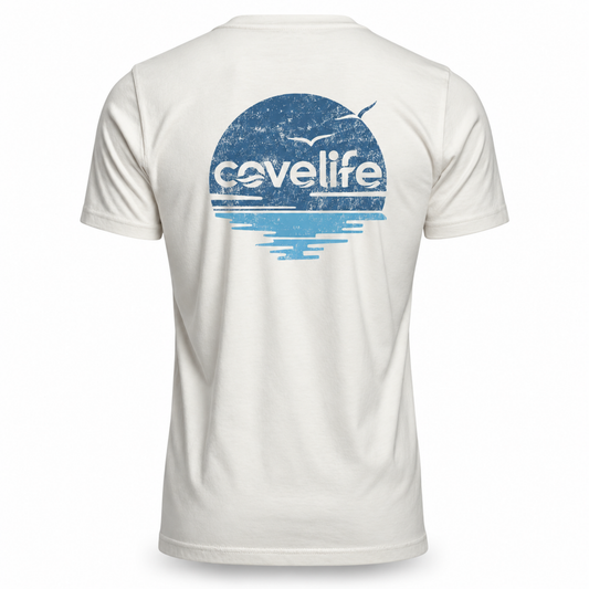 An off-white short-sleeve t-shirt shown from the back, featuring a large blue circular graphic with the brand name 'covelife' and a distressed seagull design.