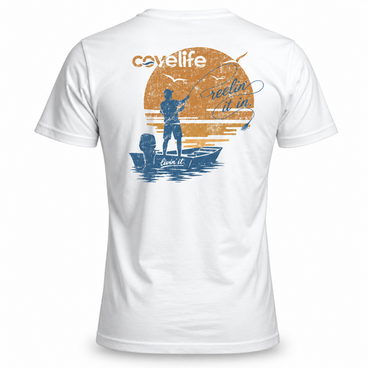 White short-sleeve t-shirt shown from the back, featuring a large graphic print of a fisherman in a boat with a distressed orange sun and blue text reading 'covelife' and 'relinquish it'.