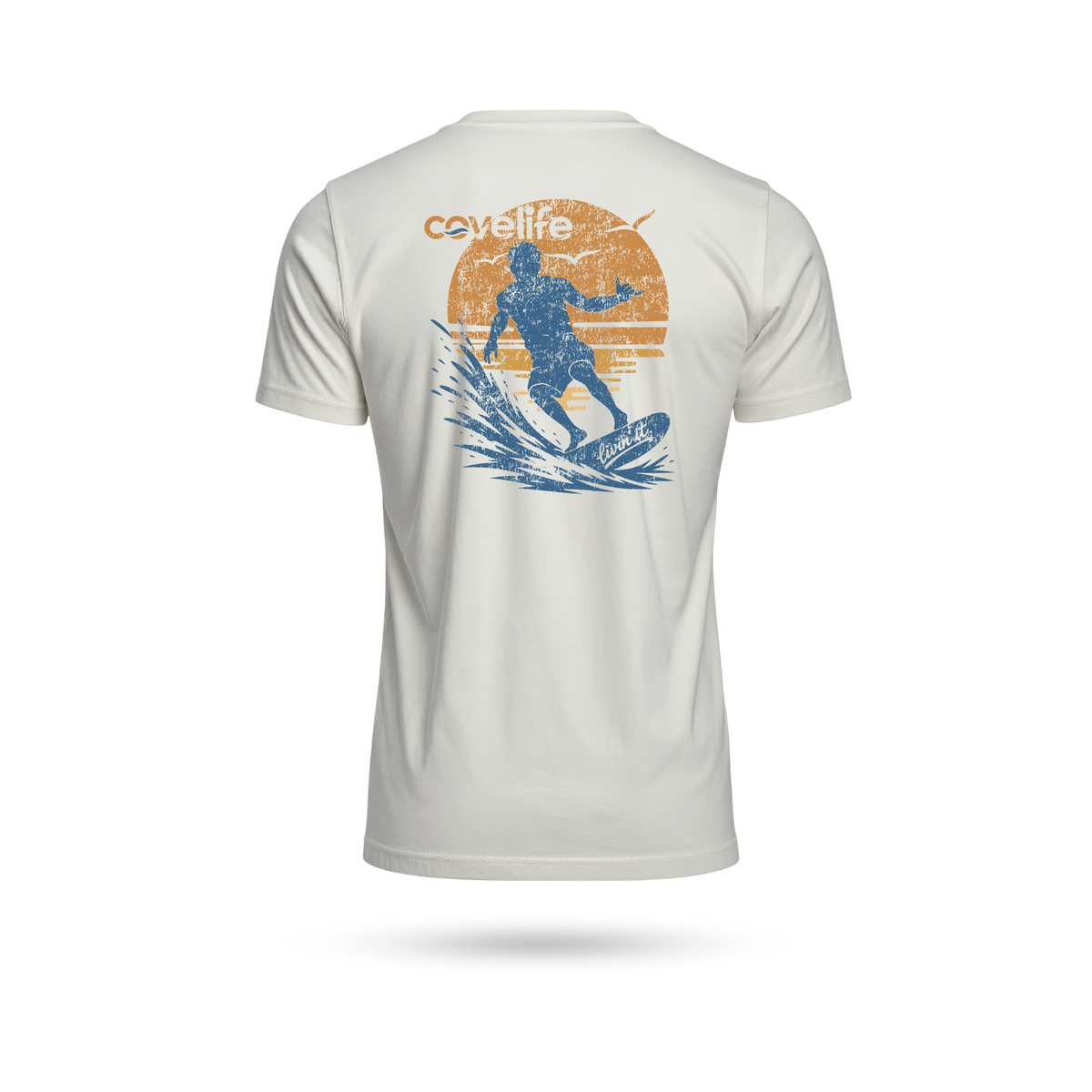 A short-sleeve crewneck t-shirt shown from the back, featuring a distressed graphic print of a surfer riding a wave in blue and orange, with the brand name 'covelife' printed above.