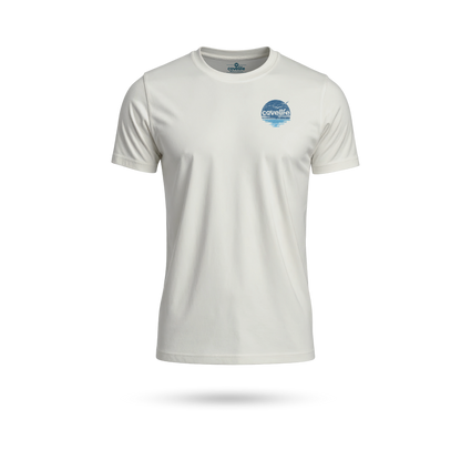 A short-sleeve crewneck t-shirt in off-white, featuring a blue and white circular logo on the left chest that reads 'CoveLife'. The shirt is displayed on a clean white background with a soft shadow underneath.