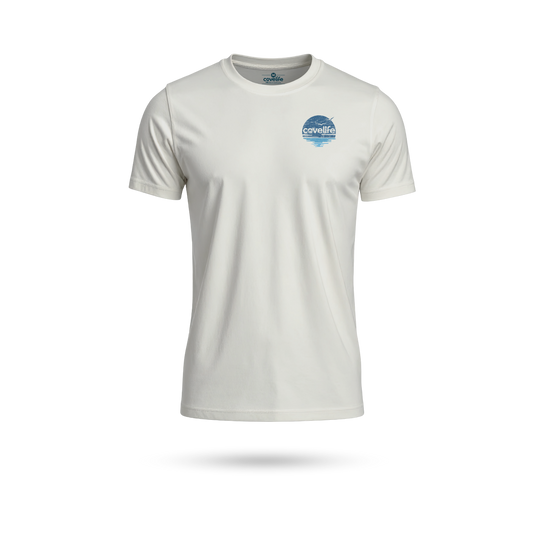 A short-sleeve crewneck t-shirt in off-white, featuring a blue and white circular logo on the left chest that reads 'CoveLife'. The shirt is displayed on a clean white background with a soft shadow underneath.