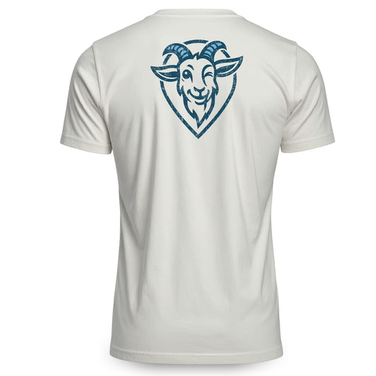 A white short-sleeve t-shirt shown from the back, featuring a blue distressed graphic of a smiling goat "Scout" covelife brand mascot.