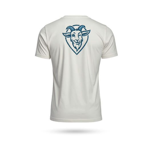 A white short-sleeve t-shirt shown from the back, featuring a blue line art graphic of a smiling ram's head on the upper back.