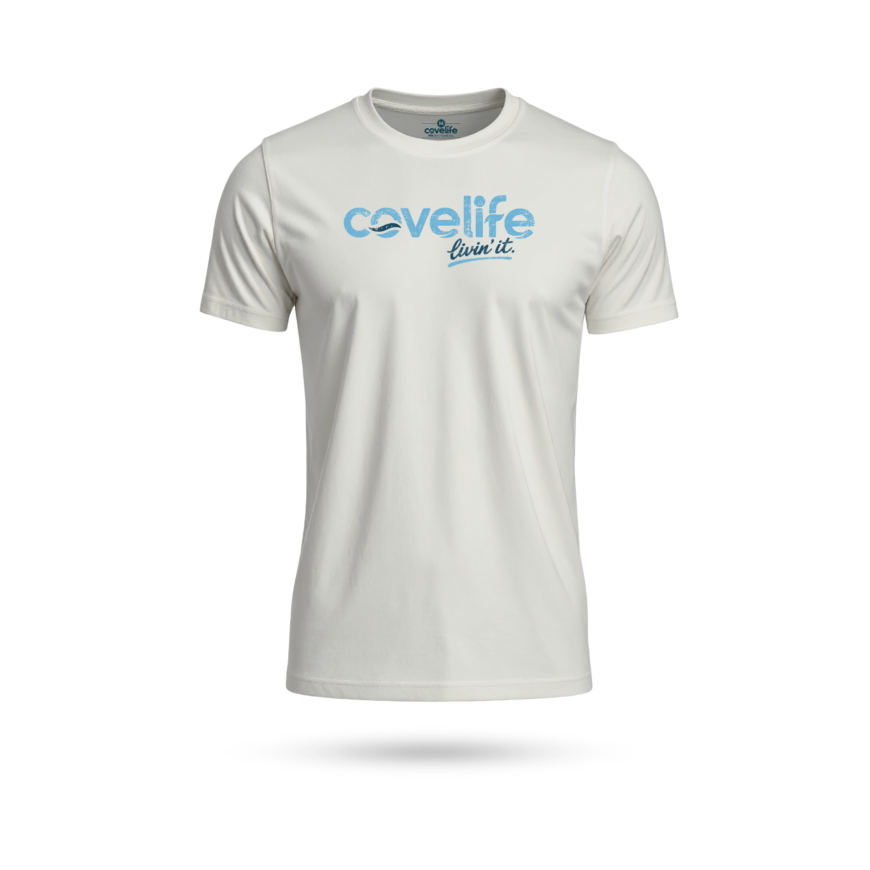 An off-white short-sleeve t-shirt with a blue 'cavelife' and 'live it out.' logo printed on the chest, displayed on a clean white background.