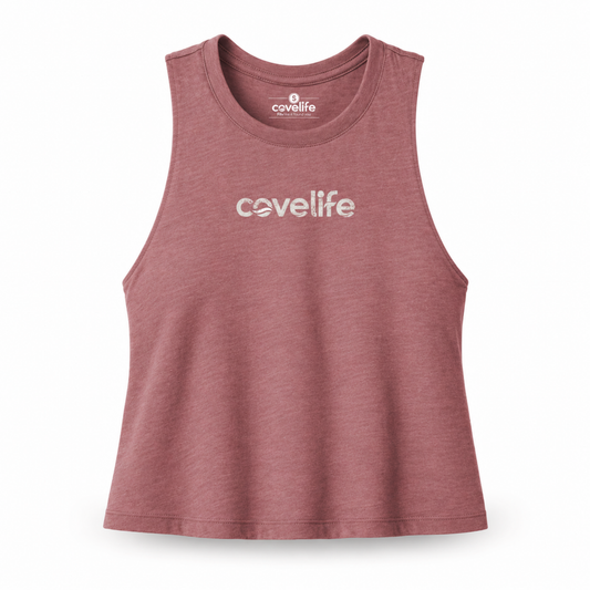 Mauve crop-top tank top with the word 'covellife' printed in white across the chest, displayed on a clean white background.