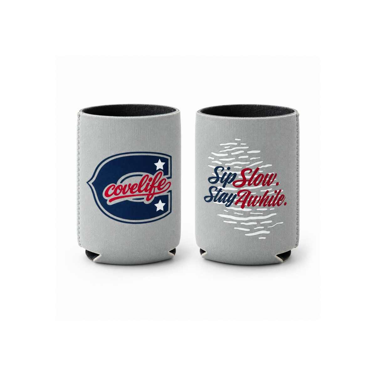 Standard size ViBE Koozie can coolers on a white background, one featuring a caption  "Sip Slow. Stay Longer."  Pearl Gray