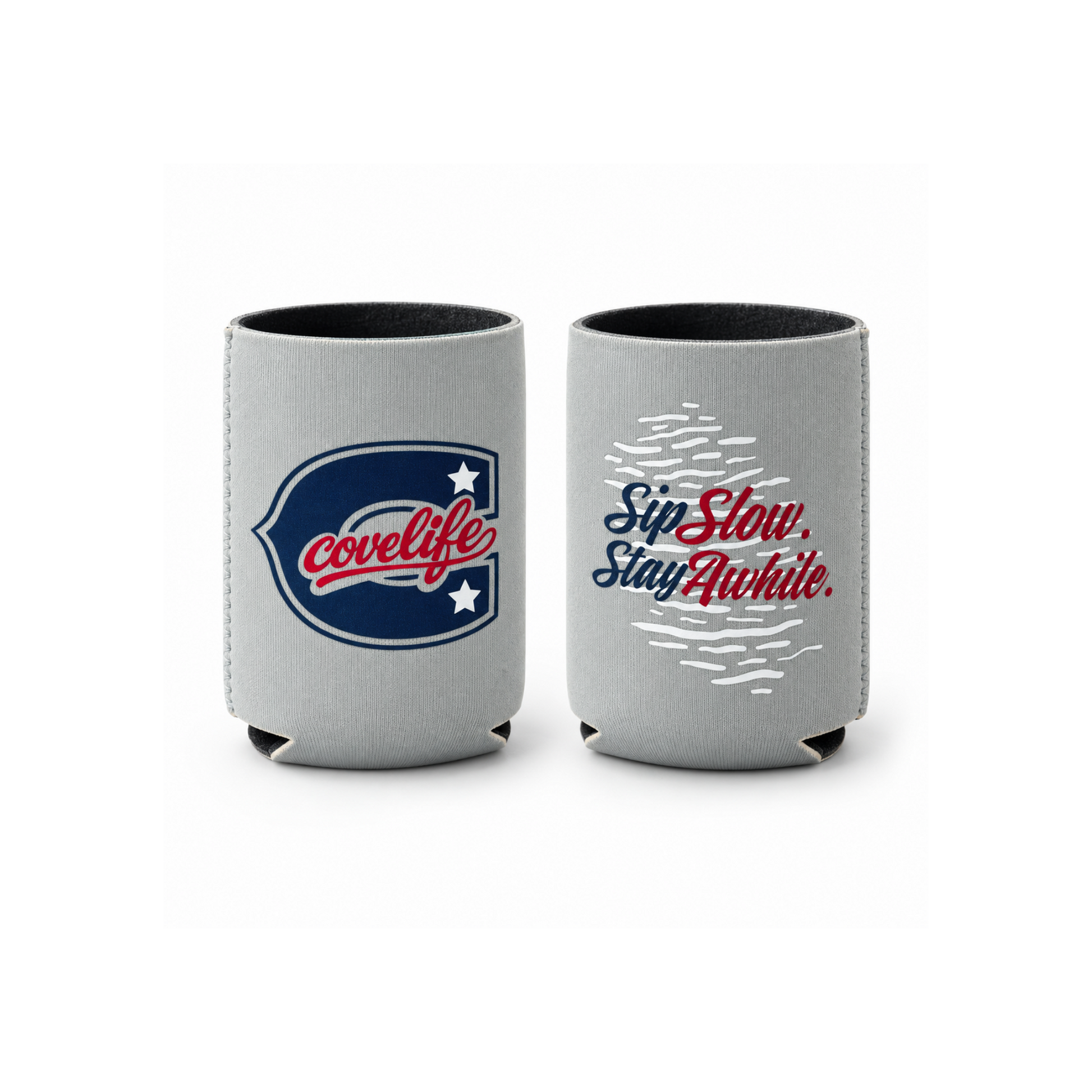 Standard size ViBE Koozie can coolers on a white background, one featuring a caption  "Sip Slow. Stay Longer."  Pearl Gray