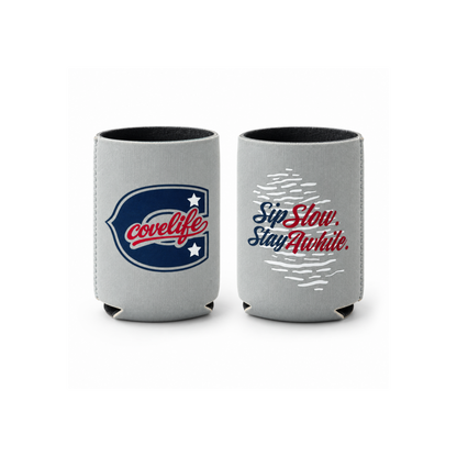 Standard size ViBE Koozie can coolers on a white background, one featuring a caption  "Sip Slow. Stay Longer."  Pearl Gray