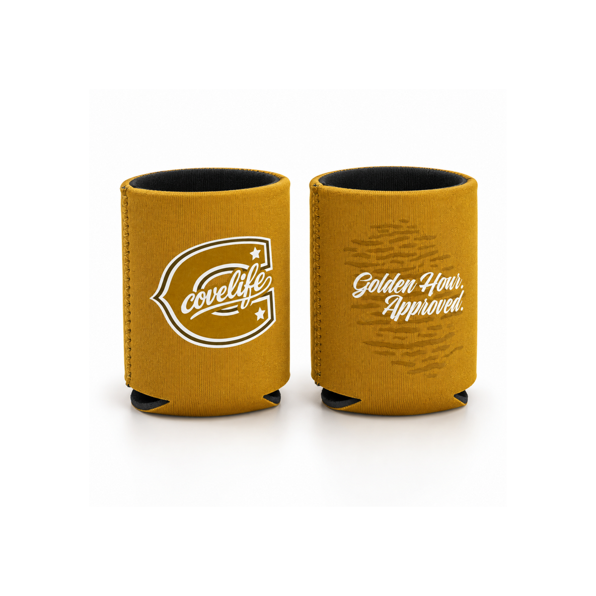 Standard size ViBE Koozie can coolers on a white background, one featuring a caption  "Golden Hour Approved."  Sunrise Gold