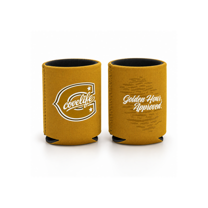Standard size ViBE Koozie can coolers on a white background, one featuring a caption  "Golden Hour Approved."  Sunrise Gold