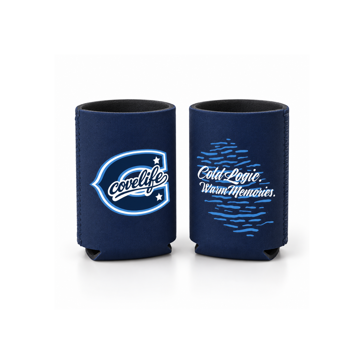 ViBE Can Cooler In Navy showing graphic for both sides.